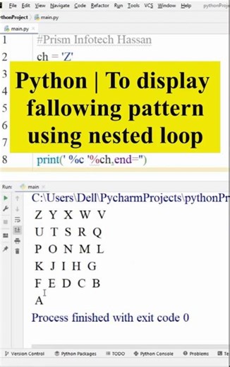 Python | To display fallowing English Alphabet pattern 'Z' to 'A' | using nested loop