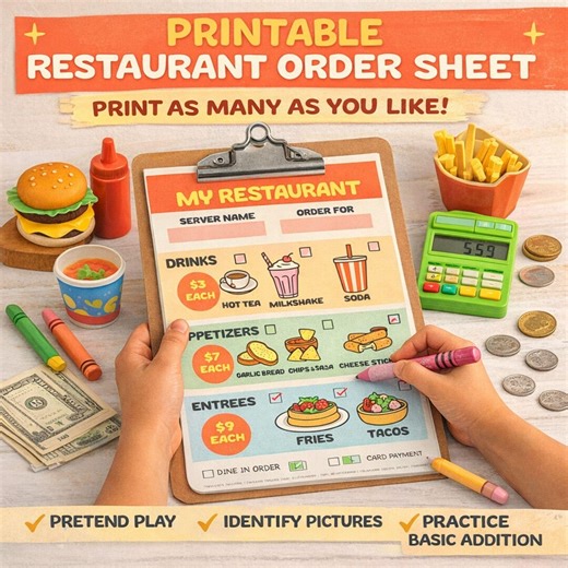 Restaurant Order Sheet for Kids - Printable Digital Download for Pretend Play and Home School Activities, Cute Food and Basic Math Skills - Etsy