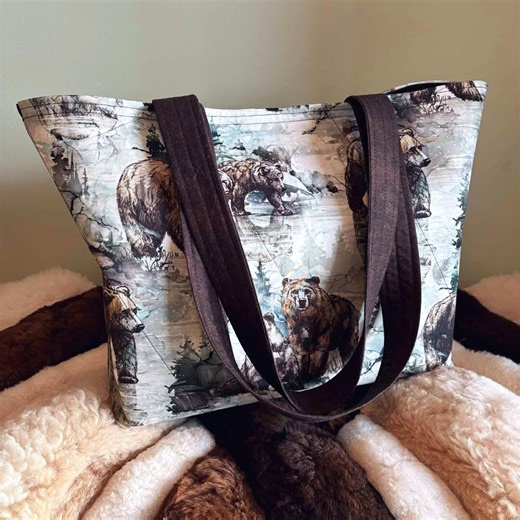 Wild Bear Shoulder Tote: Teal and Brown Wildlife Fabric Travel Bag (13" X 6" X 14") - Etsy