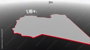 3d animated map of Libya gets hit and fractured by the text “War”