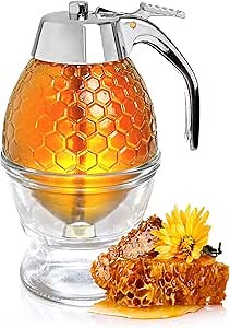 Hunnibi 8 oz Honey Syrup Dispenser No Drip - Coffee Syrup Dispenser with Stainless Steel Lid and Stand - No Mess Glass Honey Jar for Tea, Pancakes, Baking and Other Liquid Condiments - Easy to Refill