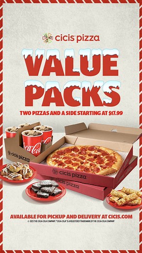 Get two pizzas and a side starting at $17.99—now with a new add-on. Add four large drinks for a complete Cicis holiday meal! | Cicis Pizza