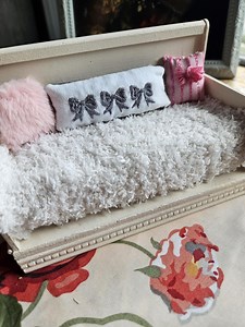 1/12 scale Miniature Dollhouse Roombox Embroidered Gray and White 3 Bow Accent Pillow