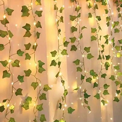 1pc Bendable USB Ivy String Lights, 20/50/100 LED Beads With Green Leaves Climbing Hook, Bright Natural Mori Style, Realistic Ivy Texture, Suitable For Wedding, Engagement, Christmas, Thanksgiving, Mother's Day, Diwali And Other Holiday Decorations | SHEIN