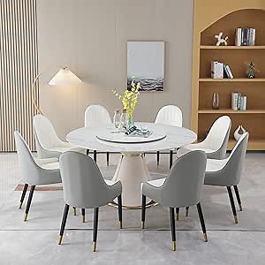 9-Piece Kitchen Dining Table Set, 59" Round Sintered Stone Table with 31.5" Lazy Susan, 8Pcs Metal Frame Upholstered Chairs,Gray