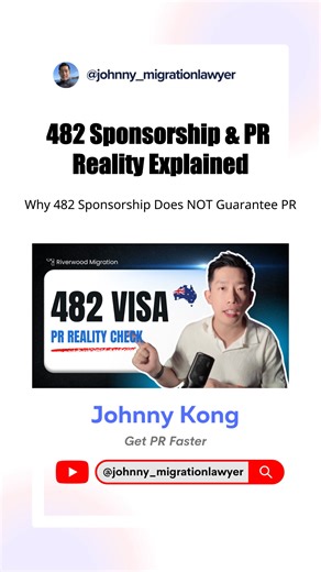 Johnny Kong on Instagram: "👉 Many people assume that once they’re sponsored on a 482 visa, PR is guaranteed. That assumption is wrong. This clip explains why a Subclass 482 visa is a temporary work visa only, and why employers are not legally required to offer PR. If you’re relying on employer sponsorship as your PR plan, this is something you must understand early. 👇 Full explanation available on YouTube. https://youtu.be/zOjNn9rUHBg Don’t make long-term decisions based on assumptions. 📅 Boo