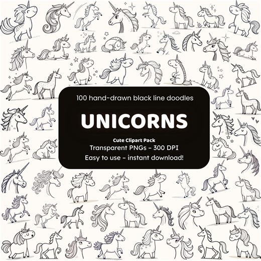 Unicorn Doodle Clipart | 100 Hand-drawn Black Line Icons PNG | Clipart for Crafters & POD - Etsy