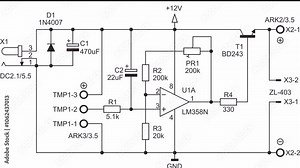 Schematic diagram of electronic device on sheet of paper. Video animation drawing electrical circuit with led indicator, operational amplifier, capacitor, resistor, transistor, diode, other components