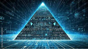 A glowing blue pyramid stands tall in a digital landscape, its surface covered in binary code