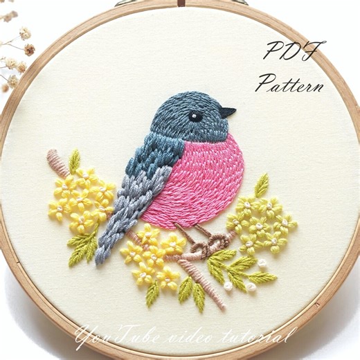 Pink Robin Hand Embroidery Pattern: Beginner DIY Floral Design (PDF Pattern + Video Tutorial - Etsy Canada