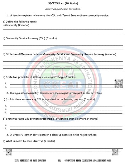 Grade 10 Community Service Learning (CSL) Mid Term 1 2026 Theory Exam
