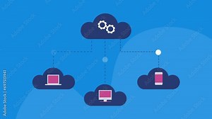 Multi cloud computing service concept, data transmission to digital devices through secure network connection, business technology video animation.