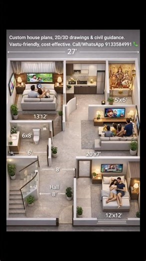 27×37 House Plan with Pooja Room | Modern Small Family Home | 3D House Plans