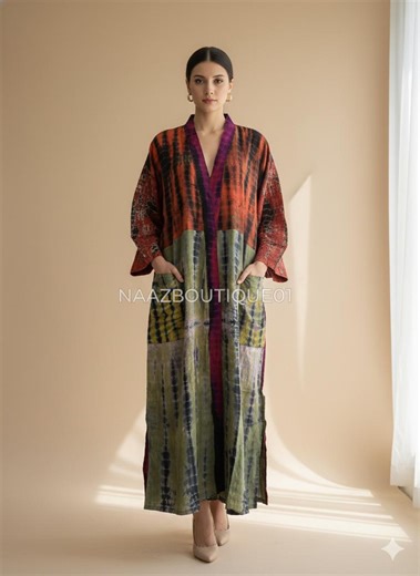 Vintage Silk Saree Patchwork Tie Dye Kimono Robe | Handmade Long Robe With Pockets | Boho Kaftan Lounge Wear | One Size - Etsy