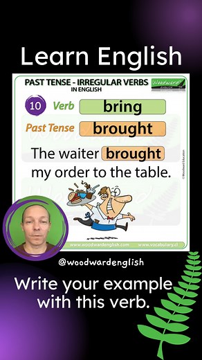 The past tense of BRING is BROUGHT. ✅ Pronunciation of BROUGHT 🇬🇧 British English: /brɔːt/ 🇺🇸 American English: /brɔt/ Example sentence with BROUGHT: 🌿 The waiter brought my order to the table. See our Lesson with 101 Irregular Past Tense Verbs in English: https://www.youtube.com/watch?v=wmkfguEKuqM #learnenglish #IrregularVerbs #SpeakEnglish | Woodward English
