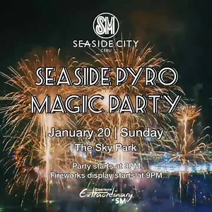 Cap off the Sinulog weekend with a bang at the Seaside Pyro Magic Party! 🎆🎇 This January 20, Sunday, enjoy an extraordinary party with drinks from The Seaside Saloon‘s open bar as grand fireworks light up the night sky! 🥂🤩 📌Avail of The Seaside Saloon’s Sinulog open bar from 7-9PM with a minimum spend of PHP 1000 on food and drinks. 📌Party starts at 3PM 📌Fireworks display starts at 9PM #ExperienceExtraordinaryAtSM #ExtraordinarySinulog #EverythingsHereAtSM #SMSSAboveAllElse | SM Seaside C