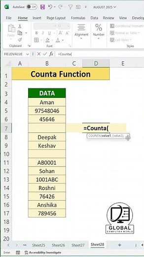 Excel COUNTA Function 📊 | Count Non-Empty Cells Instantly ⚡| ‪@GlobalComputerWorld‬