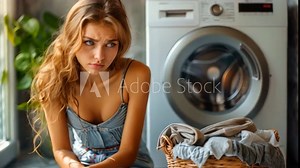 A beautiful young woman washing clothes Sit across from the laundry. She is angry because the quality of the washing machine is very poor.