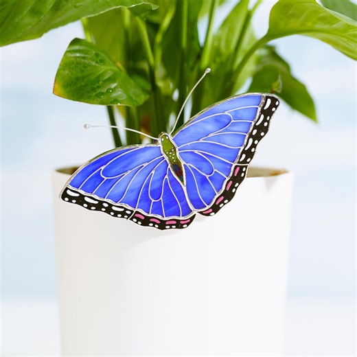 Blue Morpho Butterfly on Clip Stained Glass Suncatcher Cottagecore Pot Decor for Plant Lovers - Etsy