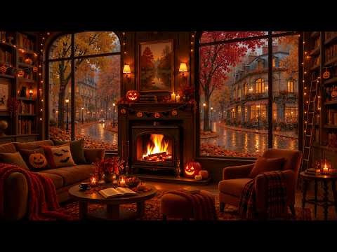 Pumpkin-Lit Halloween Jazz Café | Rainy Fall Street, Cozy Fireplace & Smooth Jazz for Calm Nights