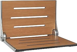 Seachrome SHAF-185155-PTS-S-SL High Back Silhouette Folding Wall Mount Shower Bench, Teak Seat with Silver Frame