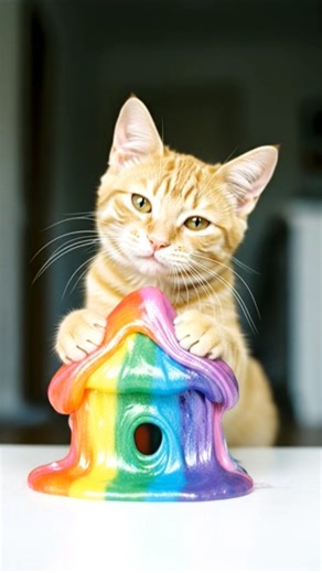 Cat Plays with The Rainbow Colored Slime 🐾#shorts #cat #slime #asmr #satisfying #viral#DreamScreenAI