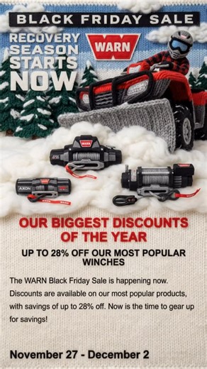 🚨 Hurry and grab your deal before it’s gone! ❄️ Gear up with up to 28% OFF our most popular WARN winches. Best prices of the year. No waiting. No excuses. Upgrade your rig and hit the trail ready for anything. Shop the sale here: https://www.warn.com/black-friday-2025 #WARN #BlackFriday #GoPrepared | WARN Industries