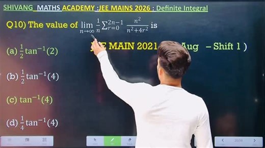Shivang Gupta on Instagram: "JEE MAIN 2021 ( 26 Aug – Shift 1 ) Q) The value of lim┬(𝑛→∞) 1/𝑛 ∑129_(𝑟=0)^(2𝑛−1)▒ 𝑛^2/(𝑛^2+4𝑟^2 ) is shortcut of limit as a sum Odd even property definite integration jee mains 2025 pyq jee mains 2025 maths pyq solution jee advanced 2023 paper solution maths class 12 maths integration integration most important questions jee integration class 12 extra questions definite integration class 12 jee pyq indefinite integration jee advanced questions integration py