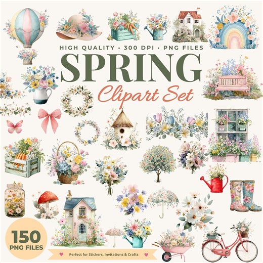 Spring Clipart Bundle, Watercolor Illustrations, Birdhouse, Bicycle & Blooming Flowers, Gardening, Rustic Graphics ( Digital Download) - Etsy