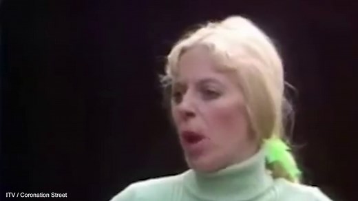 Moment Corrie's Hilda Ogden has a fight in the street with Bet Lynch
