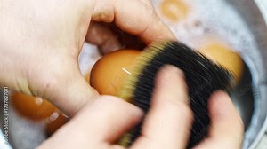 Chicken eggs are washed with soapy water and a sponge. hygiene for the prevention of intestinal diseases.