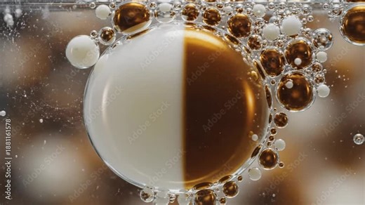 Macro shot of a large white and brown bubble merging with smaller bubbles in clear liquid, forming a visual abstract