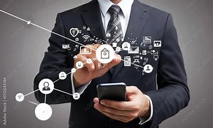 A businessman in a suit uses a smartphone, with digital icons representing communication and technology.