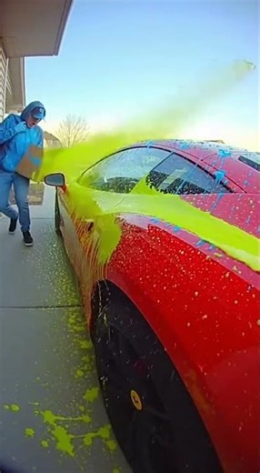 red ferrari paint trap explodes (Caught on Ring Camera)