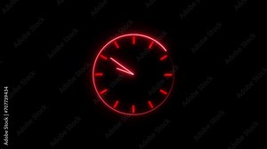 Red color clock with glowing neon light 24 Hour Day Fast Speed. Red circle digital and analog clock looped black background 4k video Animation.