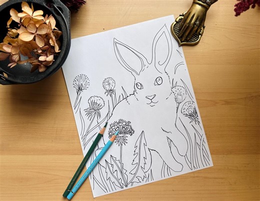 Rabbit and Dandelions - Coloring Page - Printable Adult Coloring Sheet - Digital Download PDF - Etsy