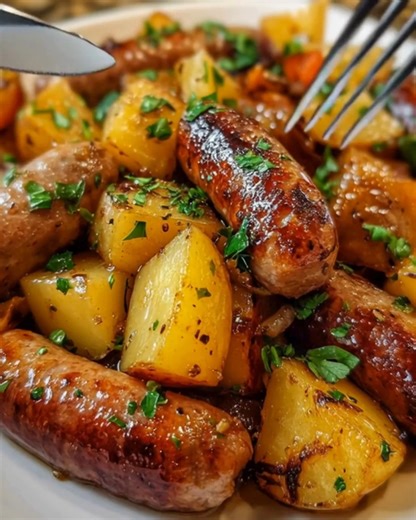 Oven Roasted Sausage and Potatoes Ingredients: 2 pounds baby potatoes, halved 1 pound smoked sausage, sliced into 1-inch pieces 1 red bell pepper, chopped 1 yellow bell pepper, chopped 1 medium onion, sliced ...... Full Recipe in Coʍmеոτ 💬 | Yay Food