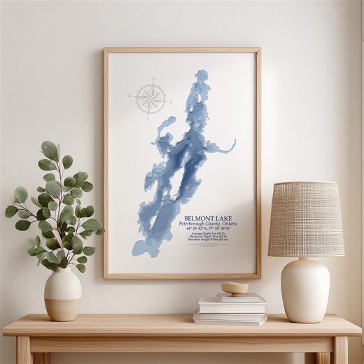 Belmont Lake Map Print, Peterborough County Ontario, Lake Depth Map, Bathymetric Map, Canada Lake Map, Cottage Decor, Cabin Gift - Etsy