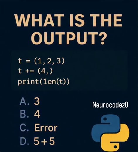 Shobhit Kumar on Instagram: "⚡Daily Python Challenge⚡ Comment your answer now ⬇️ — fastest coder gets pinned 🏆 Ready to level up your coding game? 🚀 “Brands: DM ‘Promo’ for collaboration” Follow @neurocodez0 #neurocodez0 #PythonCoding #PythonProgramming #LearnPython #DailyPython #CodeChallenge #PythonMCQ #PythonDeveloper #PythonForBeginners #CodeDaily #100DaysOfCode #programminglife #CodingQuiz"