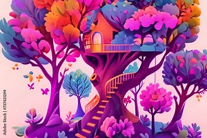 Whimsical Animated Treehouse in Enchanted Forest, Perfect for Children's Stories and Fantasy Projects