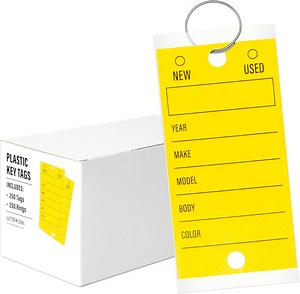 250pcs Key Tags, Self-Protecting Plastic Key Tags with Key Rings for Dealerships, Automotive Service, Yellow