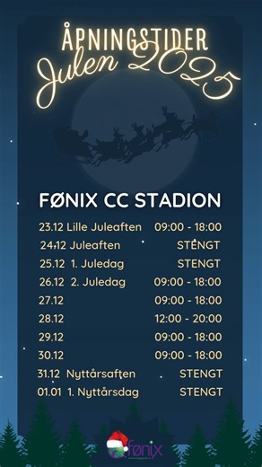🎄 Julens Åpningstider på Fønix CC Stadion 🎄 Her er oversikten over hvordan vi holder åpent i julen✨ Dette gjelder fra tirsdag 23.12.2025 til 01.01.2026 Sjekk videoen for detaljer, og planlegg juleøktene sammen med oss 💪 Vi sees på senteret! Fønix Storhamar holder åpent som normalt fra 04:00-24:00 alle dagene. 🏋 | Fønix CC Stadion