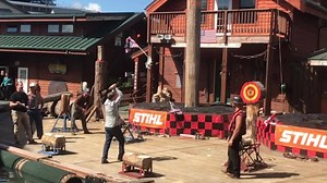 Throwing an ax at the Great Alaskan Lumberjack Show in Ketchikan, Alaska | John Bytheway