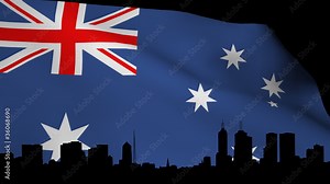 Melbourne with rippling Australian Flag animation