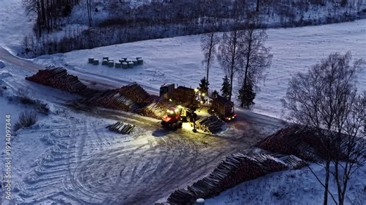 Logging truck loading timber logs in winter landscape with log piles stacked in clearing, aerial view