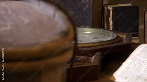 Old and vintage objects and items in sliding rack focus