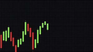 Candlestick chart animation visualizing fluctuating market trends with bearish movements, using vibrant red and green colors on a black background