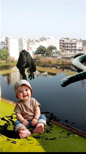 Baby Sitting While Dino Passes Behind | Cute VFX #vfx #babyshorts #dinosaur