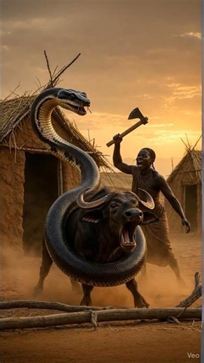GIANT SNAKE Attack! 🐍 Man Saves Buffalo with Axe 🪓 SnakeAttack #ManVsWild #GiantSnake #Buffalo