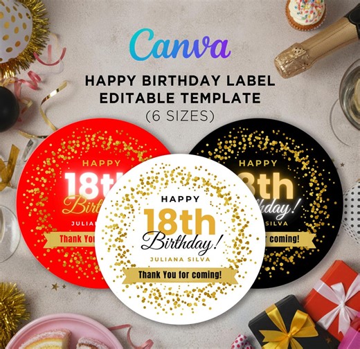 Editable Birthday Round Template Canva, Thank You Stickers, Custom Celebration Favor Tags, Happy Birthday Printable Souvenir Circle Label - Etsy